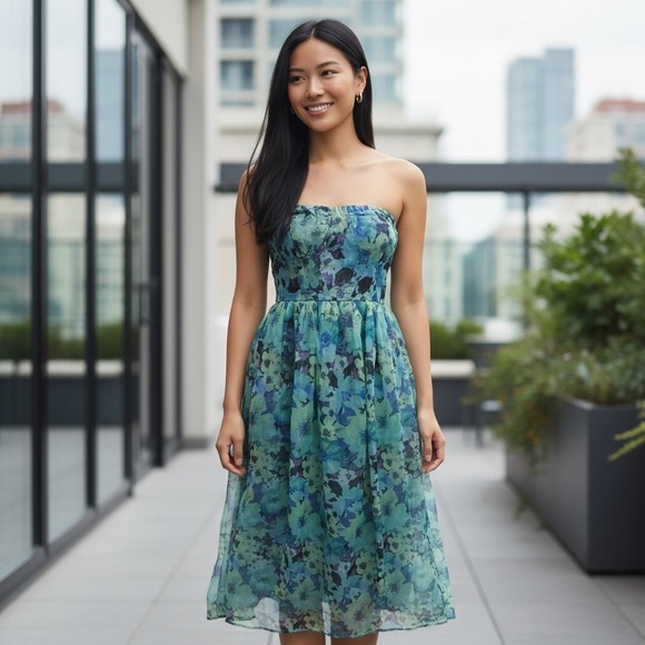 Lulus Women's Strapless Floral Chiffon Midi Dress Blue Green M - Picture 1 of 8
